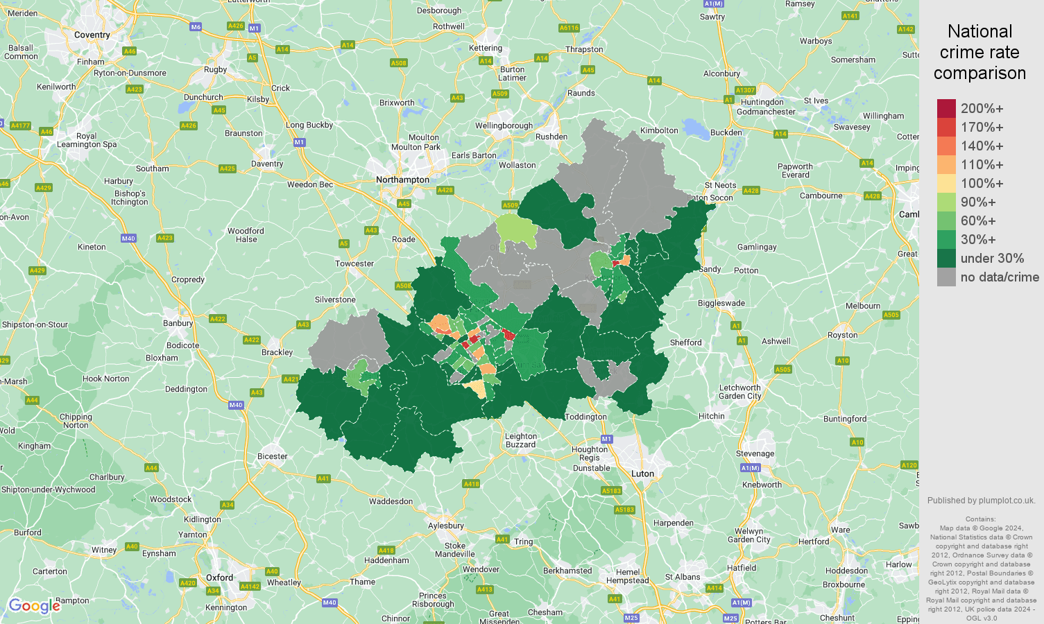 Milton Keynes theft from the person crime rate comparison map