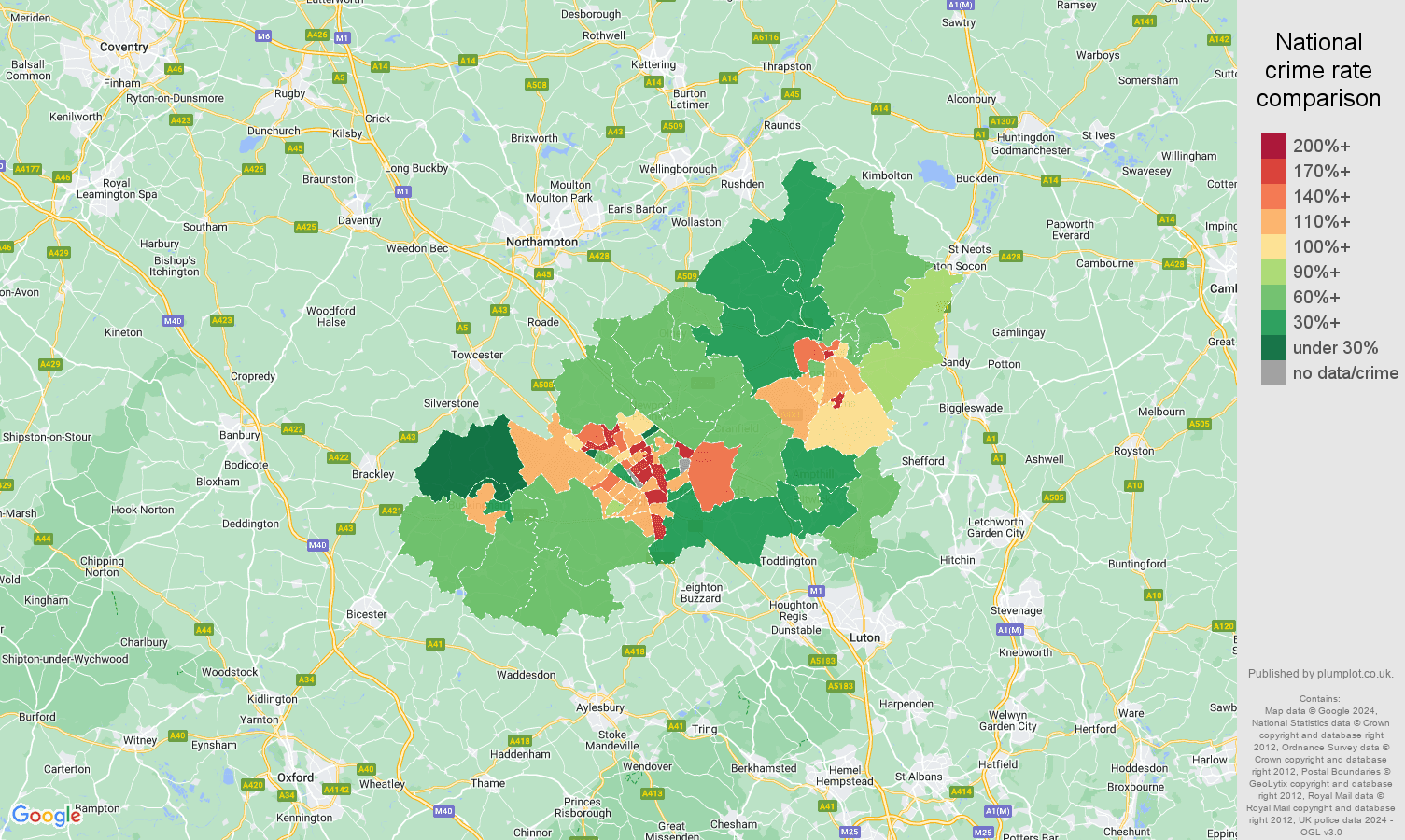 Milton Keynes violent crime rate comparison map