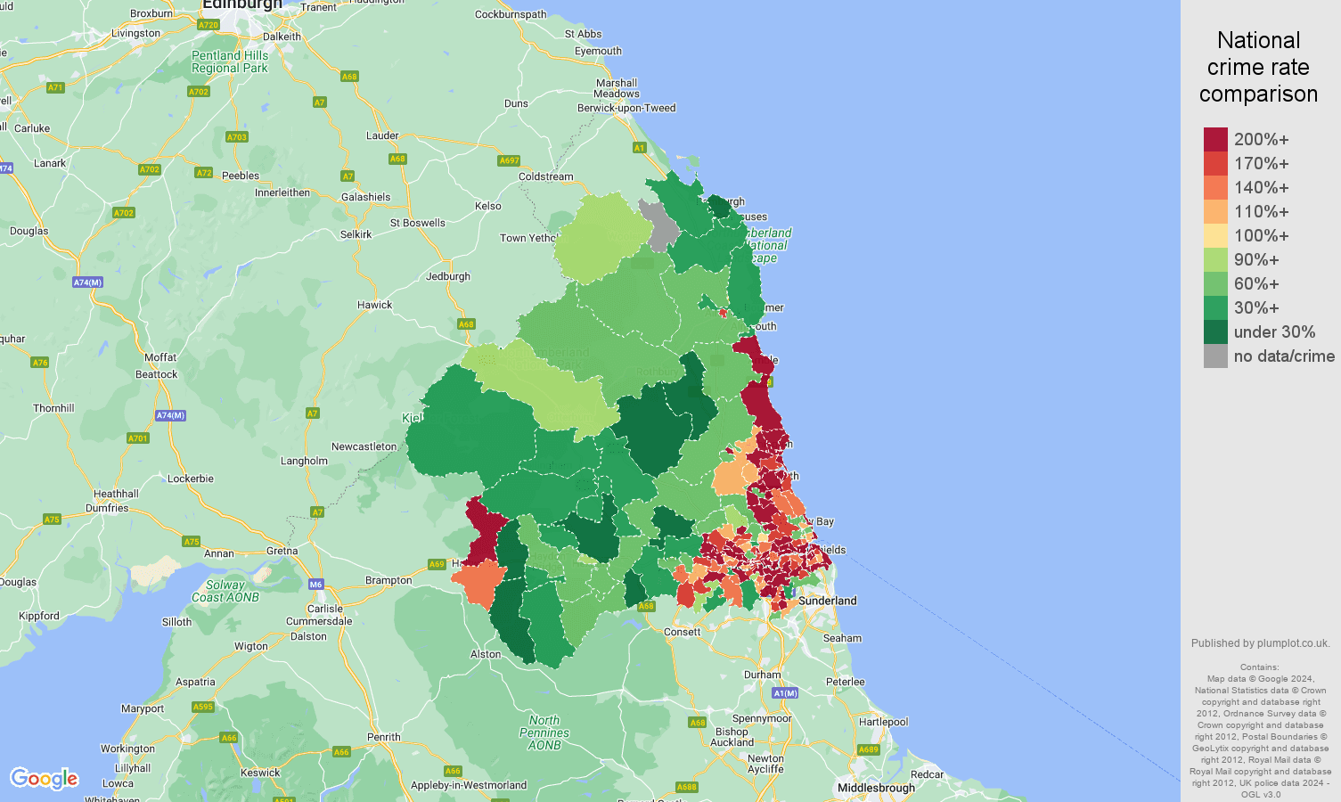 Newcastle upon Tyne antisocial behaviour crime rate comparison map