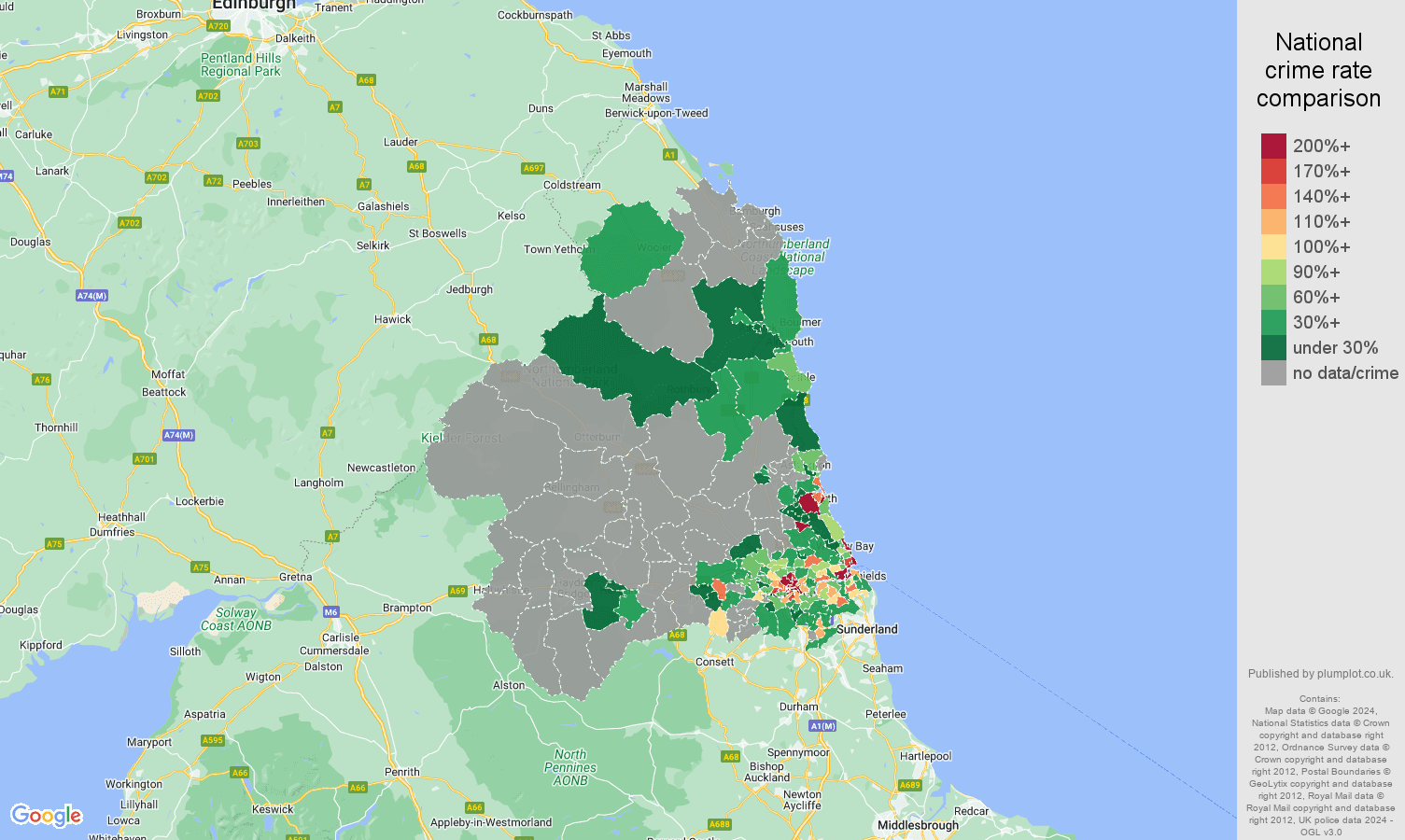 Newcastle upon Tyne bicycle theft crime rate comparison map