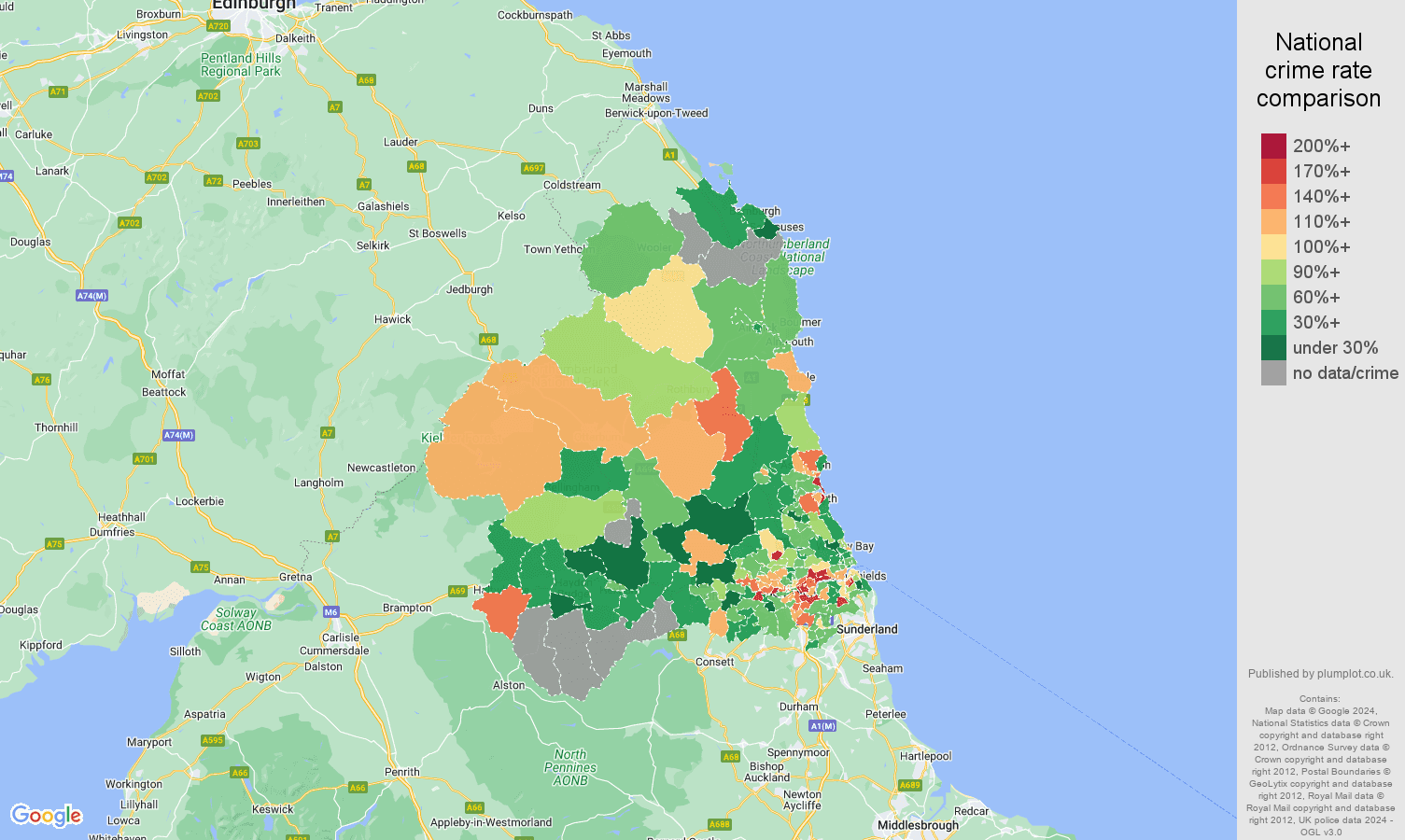 Newcastle upon Tyne burglary crime rate comparison map