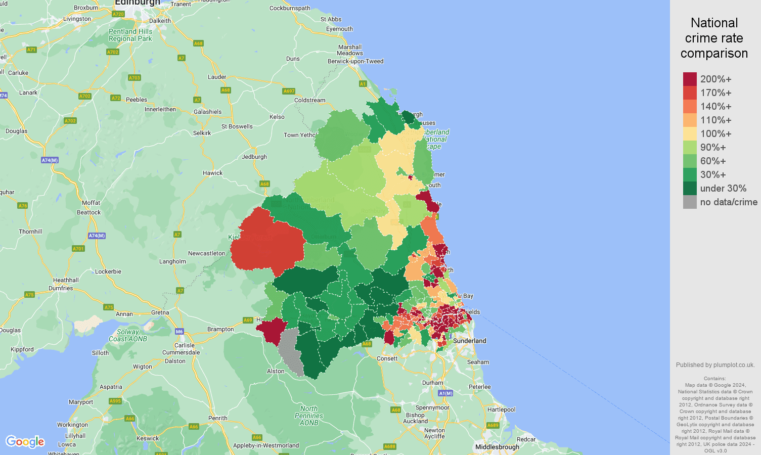 Newcastle upon Tyne criminal damage and arson crime rate comparison map