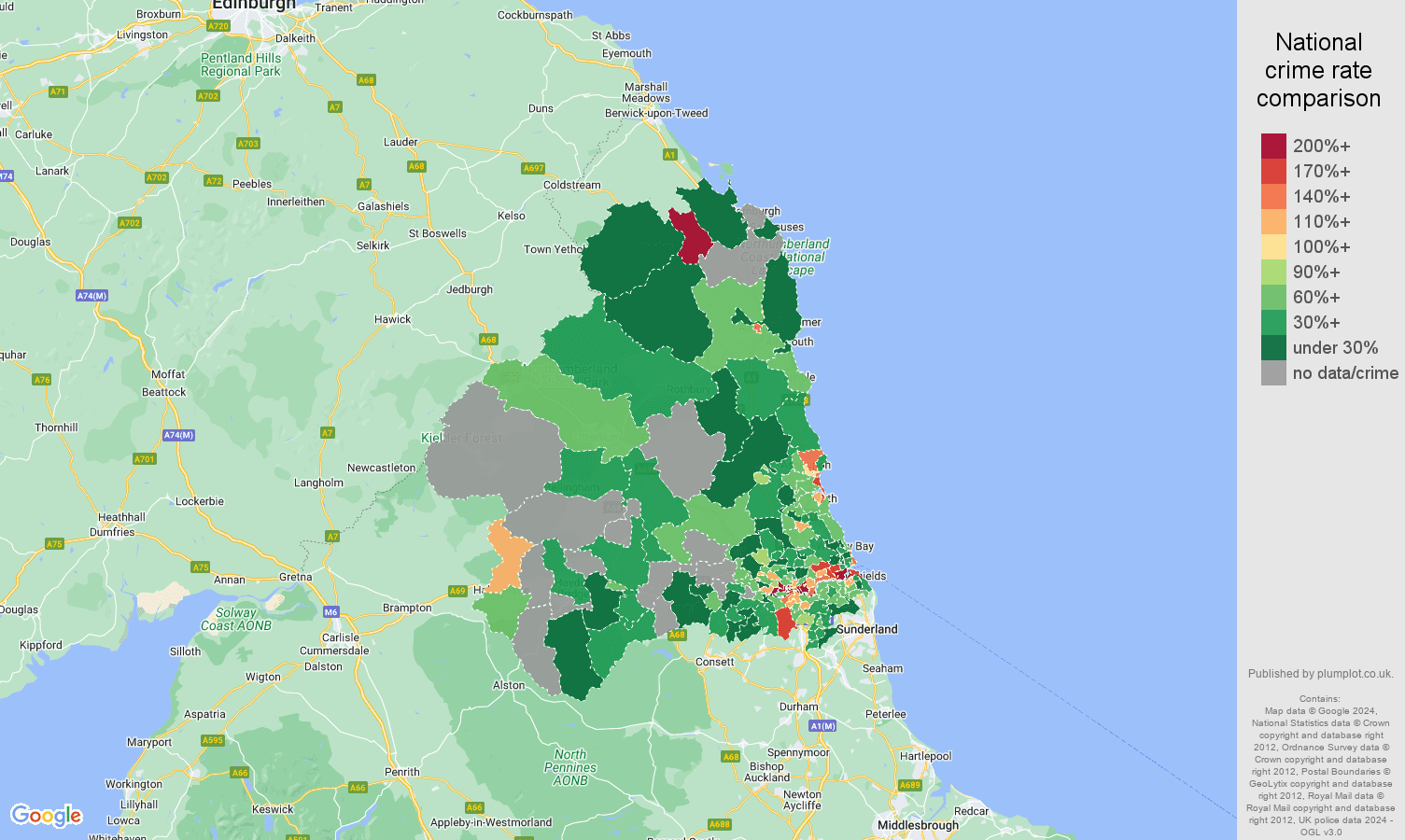 Newcastle upon Tyne drugs crime rate comparison map