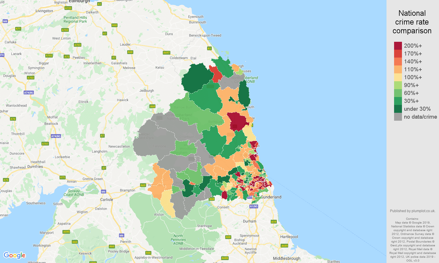 Newcastle upon Tyne other crime rate comparison map