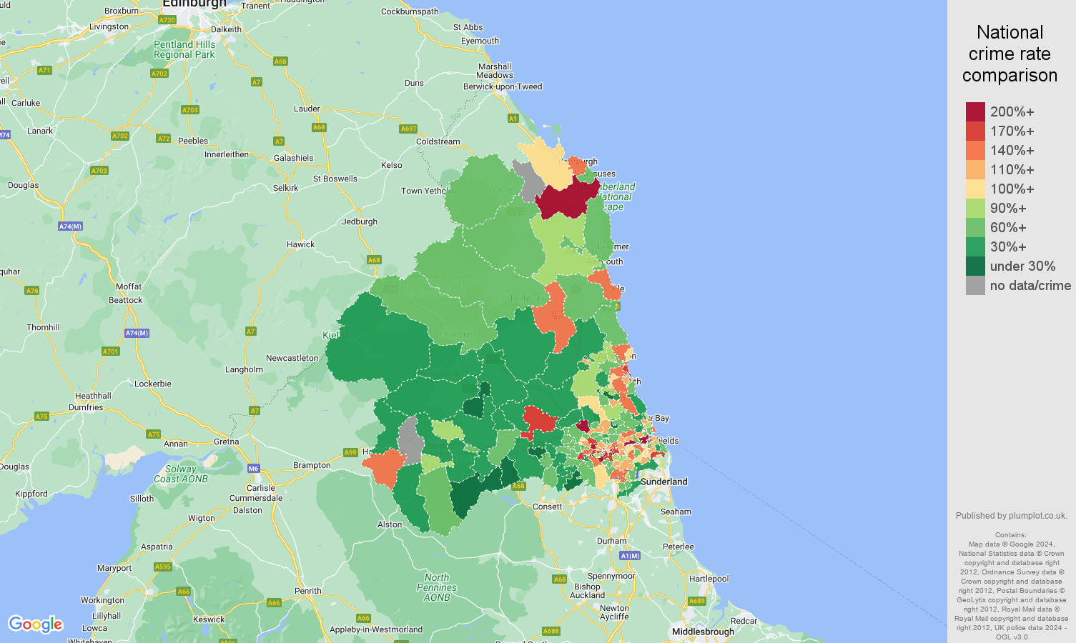 Newcastle upon Tyne other theft crime rate comparison map