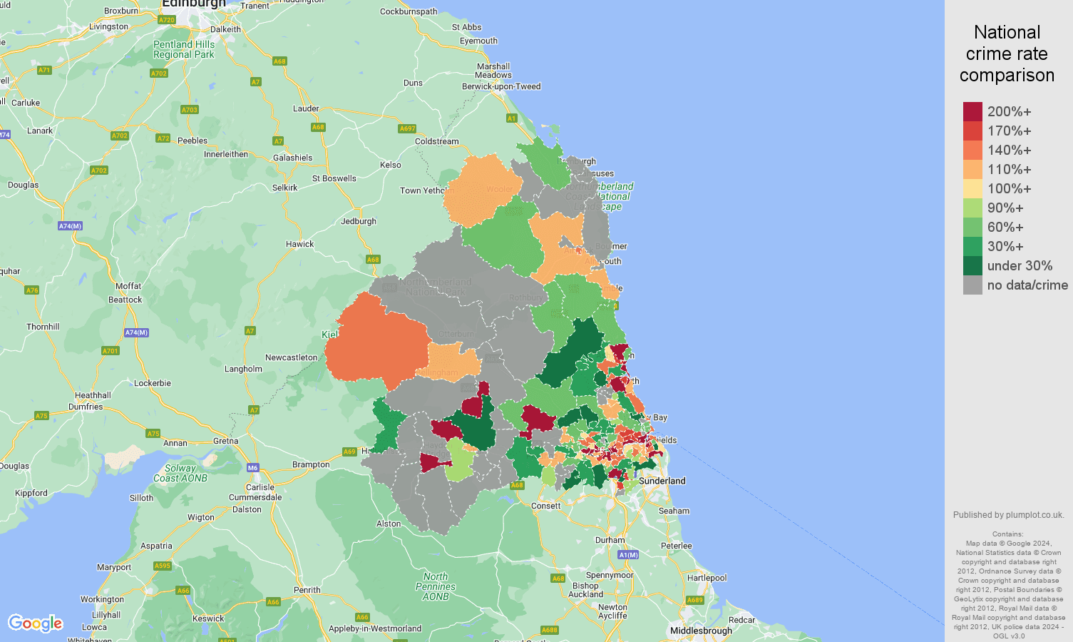 Newcastle upon Tyne possession of weapons crime rate comparison map