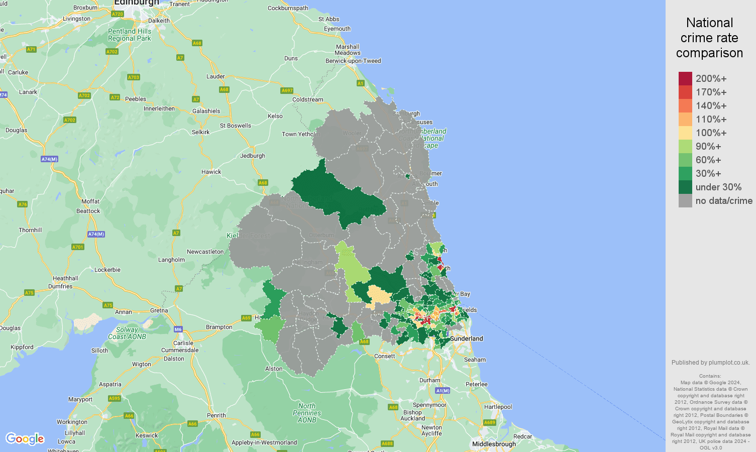 Newcastle upon Tyne robbery crime rate comparison map