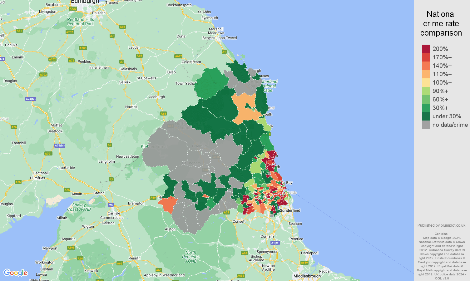 Newcastle upon Tyne shoplifting crime rate comparison map