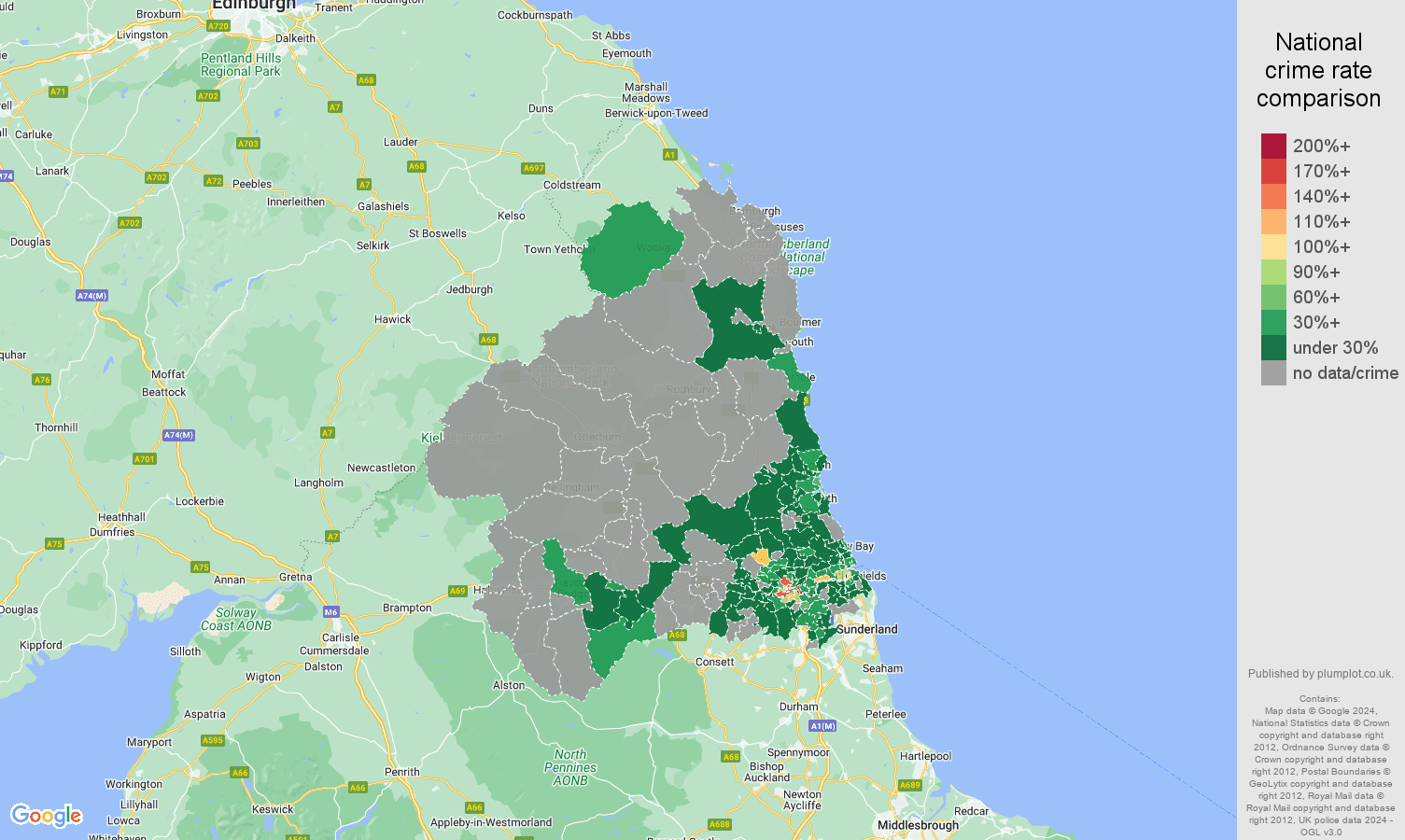 Newcastle upon Tyne theft from the person crime rate comparison map