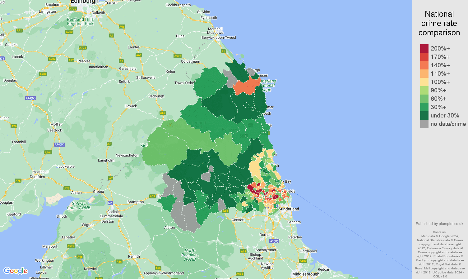 Newcastle upon Tyne vehicle crime rate comparison map