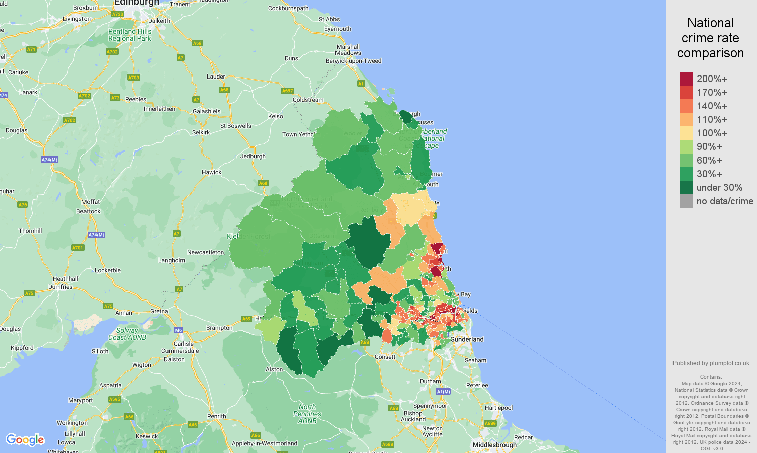 Newcastle upon Tyne violent crime rate comparison map