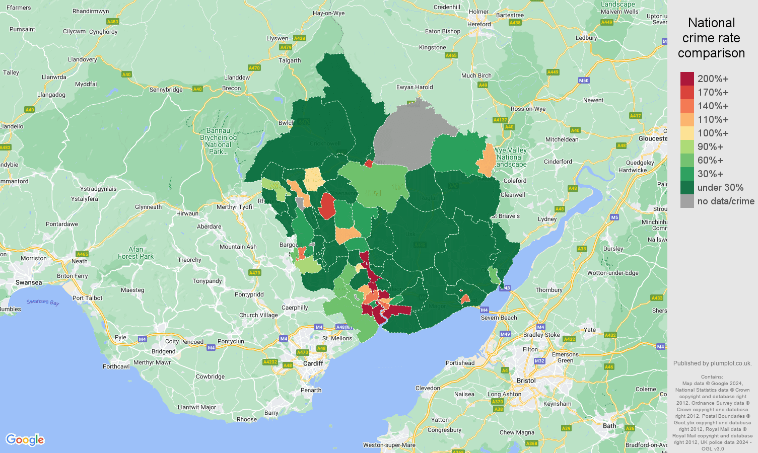 Newport shoplifting crime rate comparison map