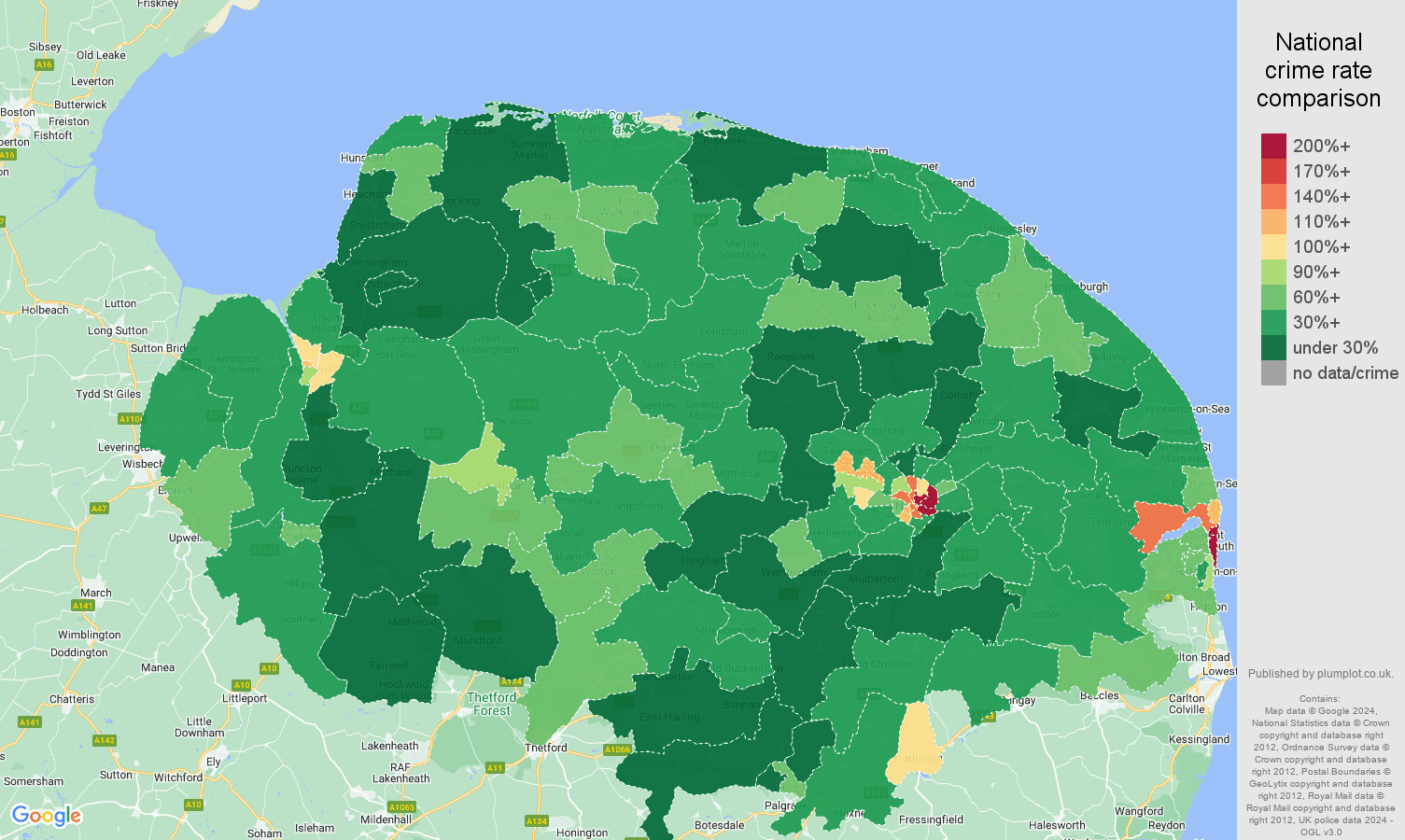 Norfolk antisocial behaviour crime rate comparison map