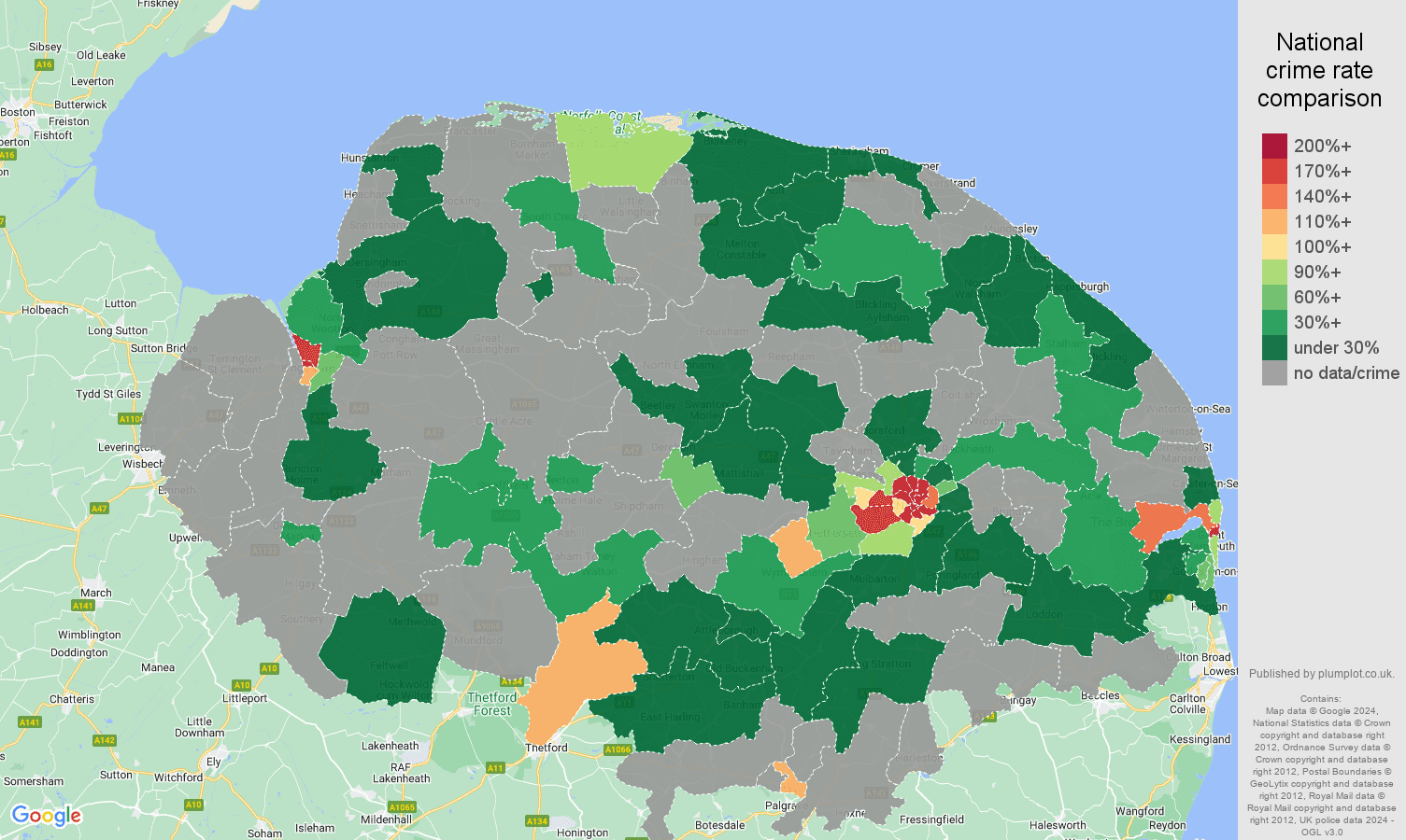 Norfolk bicycle theft crime rate comparison map