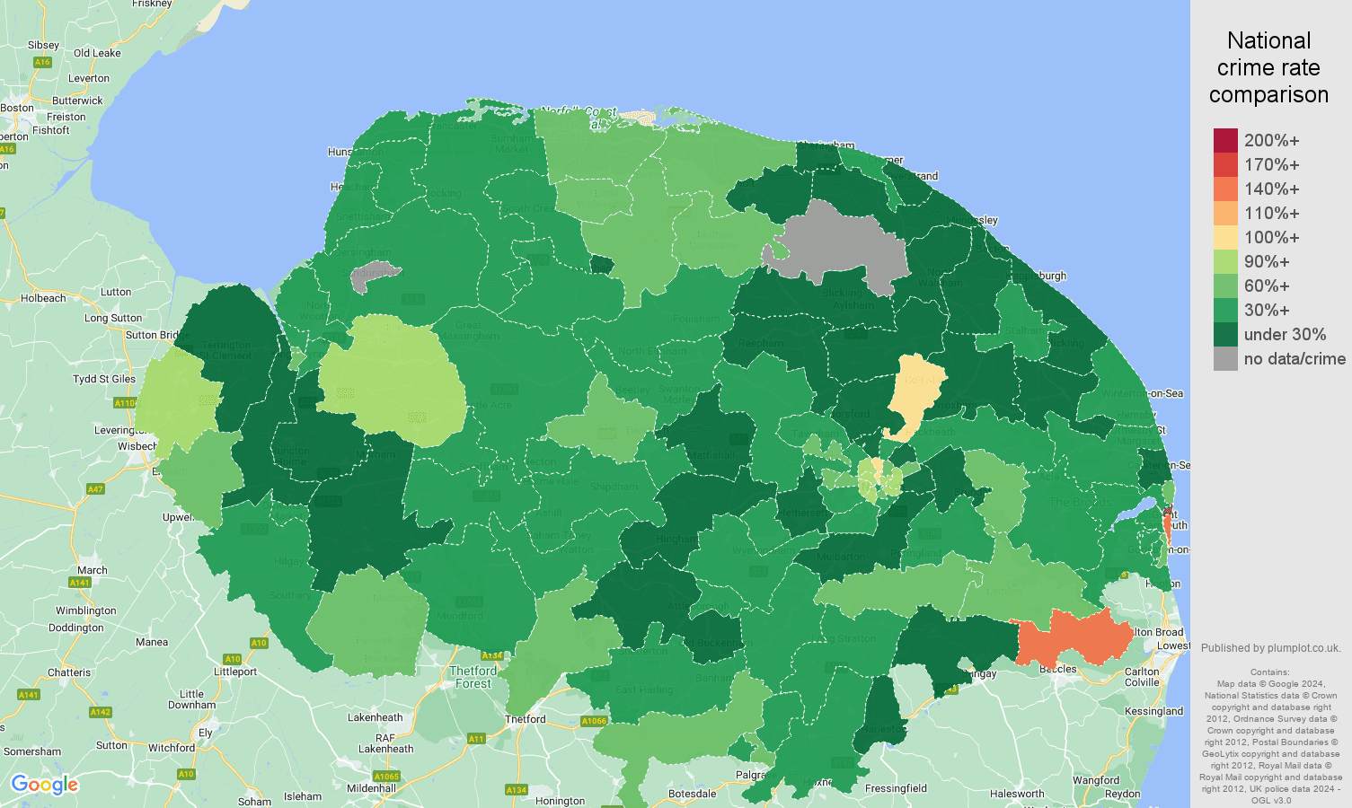Norfolk burglary crime rate comparison map