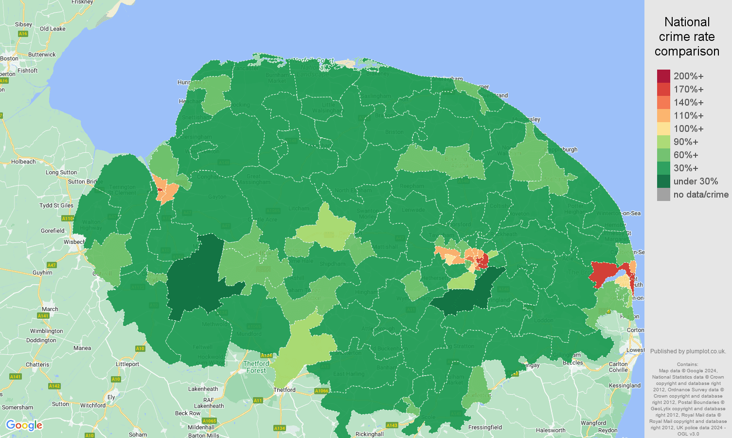 Norfolk crime rate comparison map