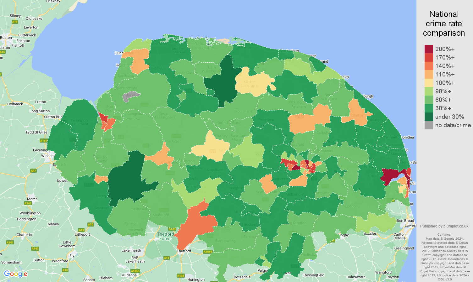 Norfolk criminal damage and arson crime rate comparison map