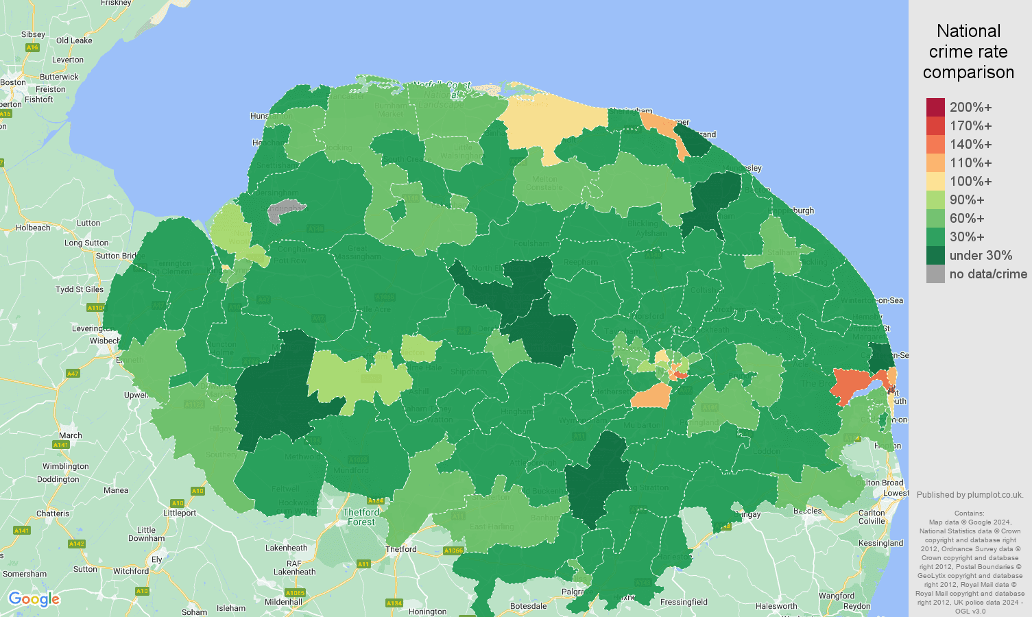 Norfolk other theft crime rate comparison map