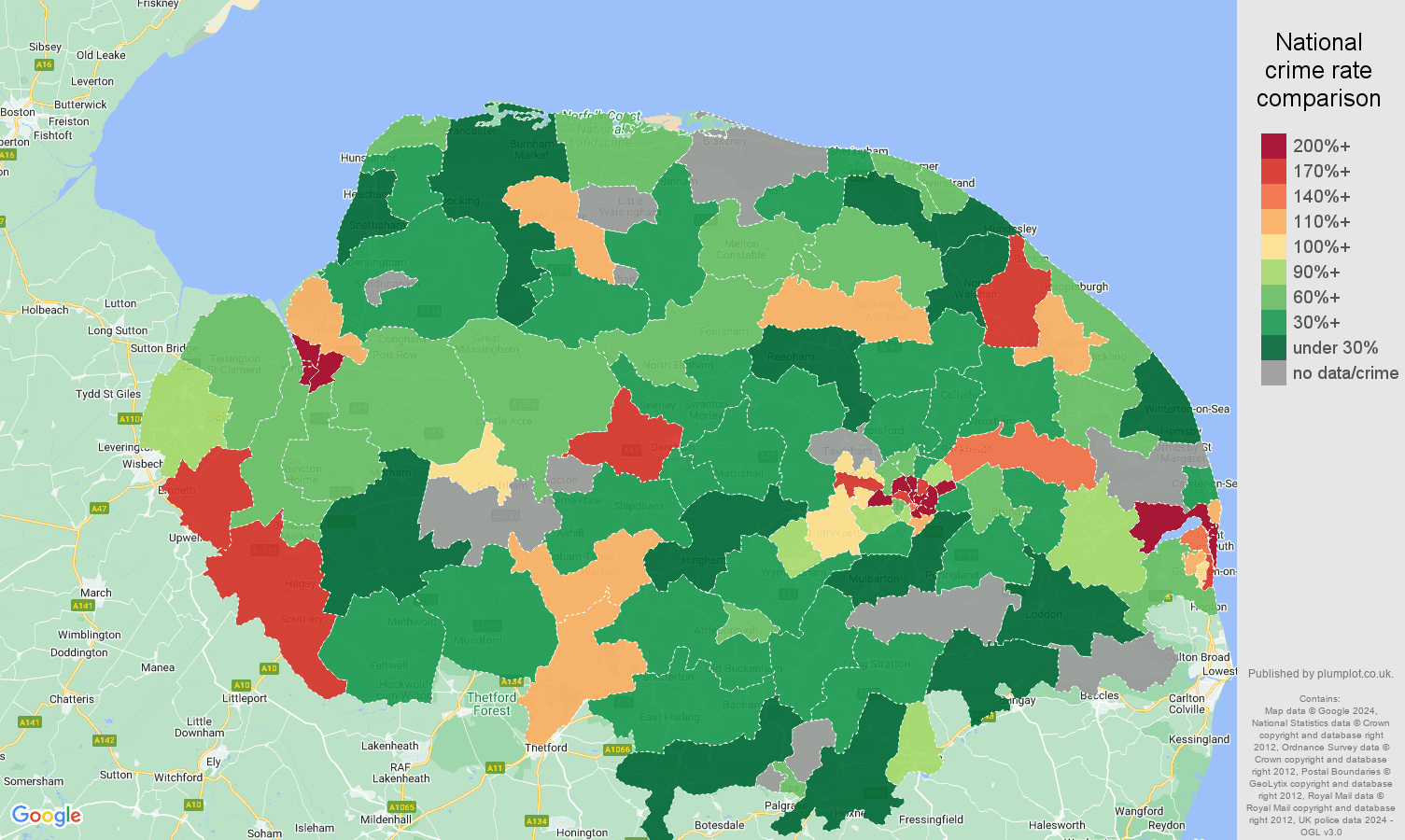 Norfolk possession of weapons crime rate comparison map