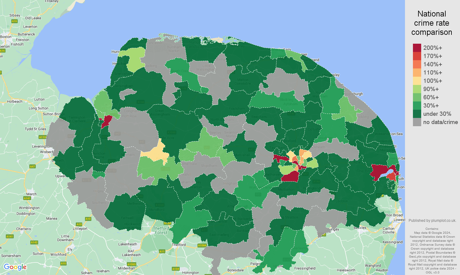 Norfolk shoplifting crime rate comparison map