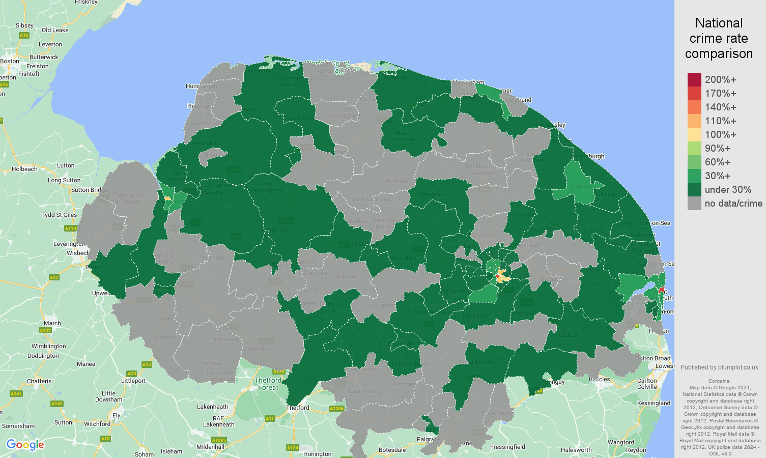 Norfolk theft from the person crime rate comparison map