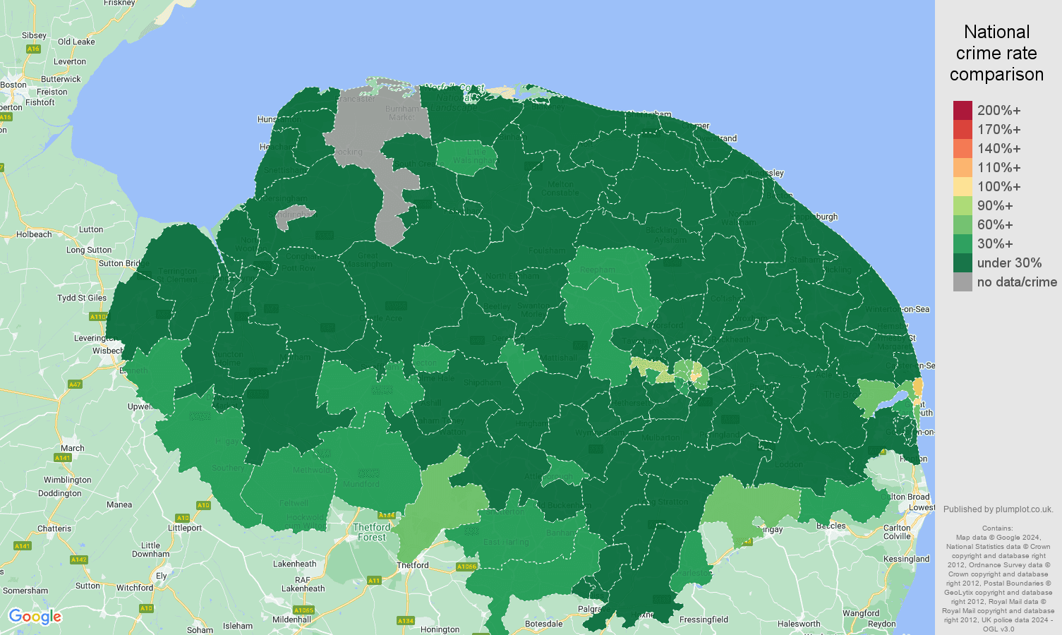 Norfolk vehicle crime rate comparison map