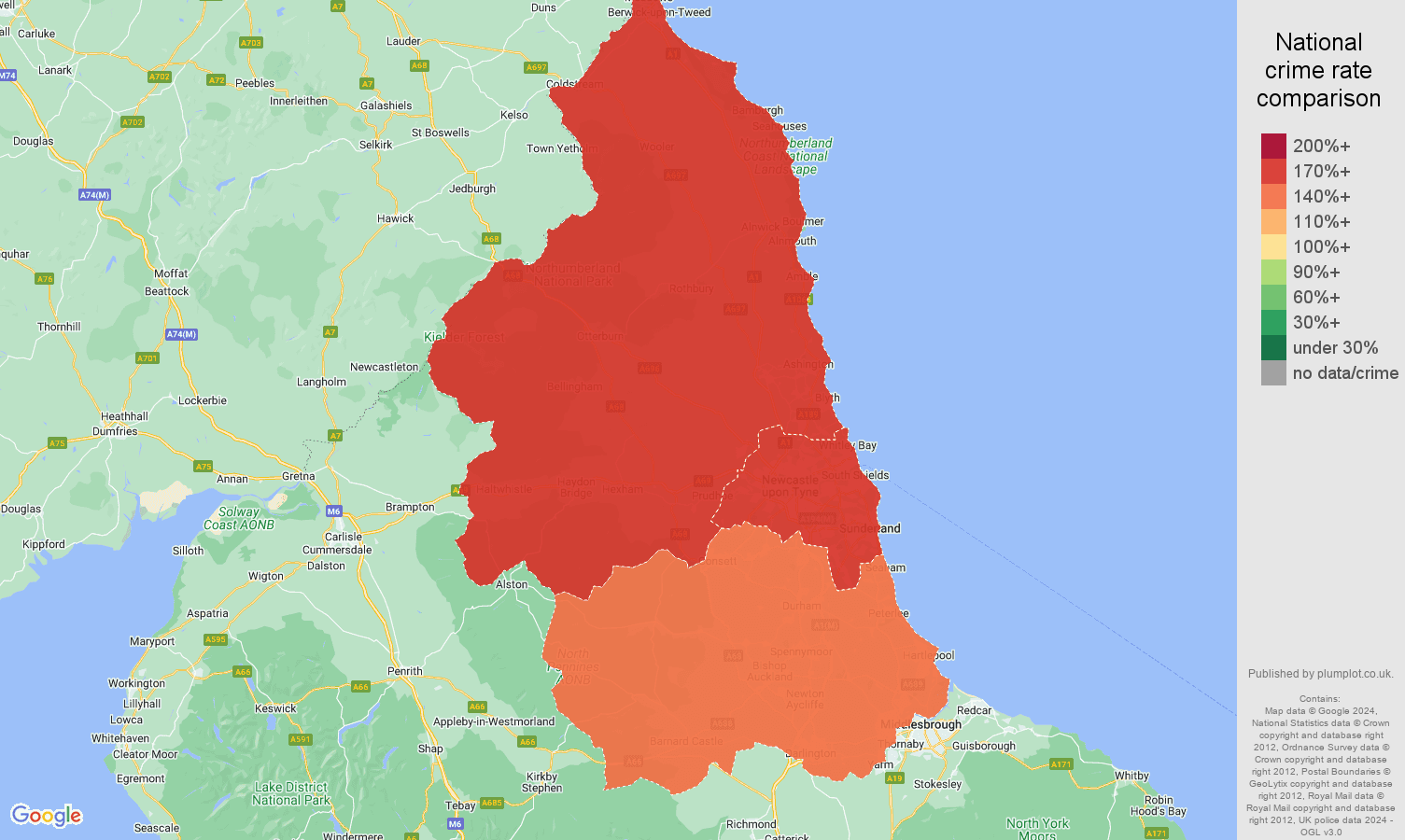 North East antisocial behaviour crime rate comparison map