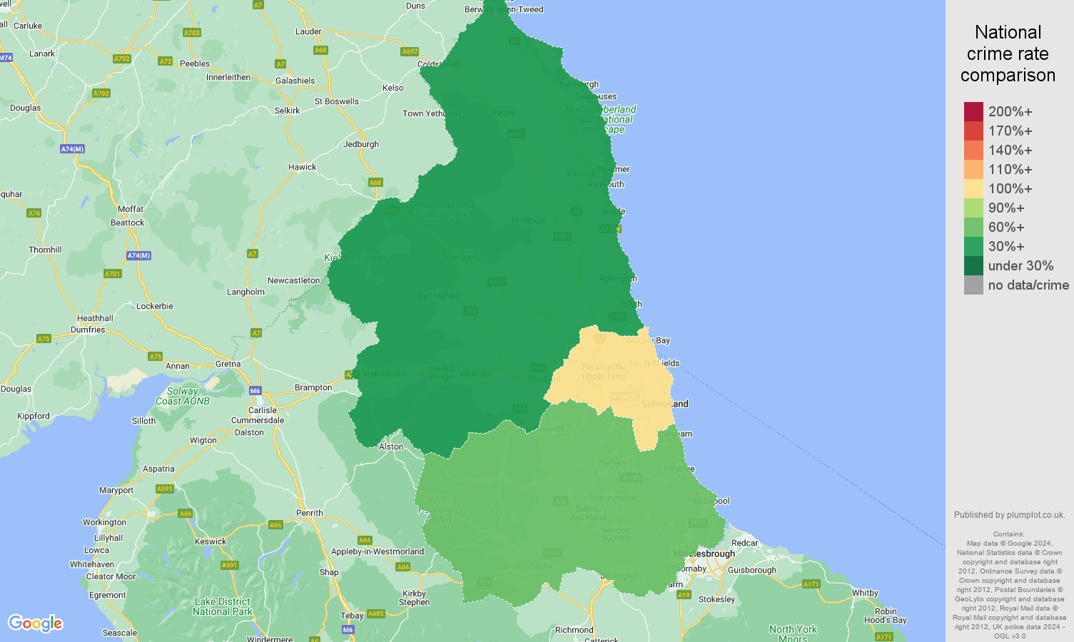 North East bicycle theft crime rate comparison map
