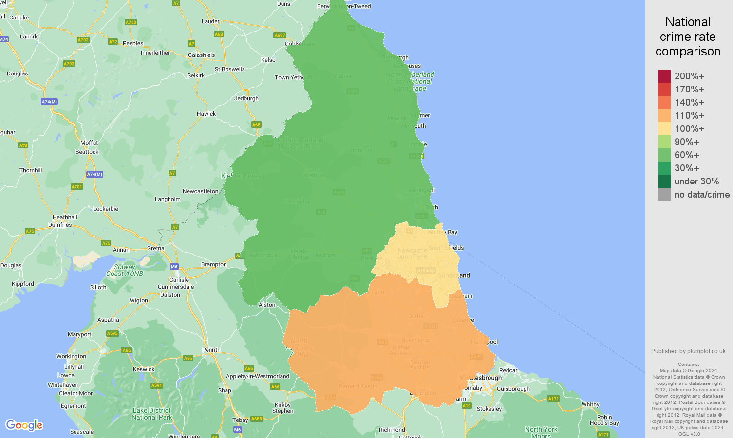 North East burglary crime rate comparison map