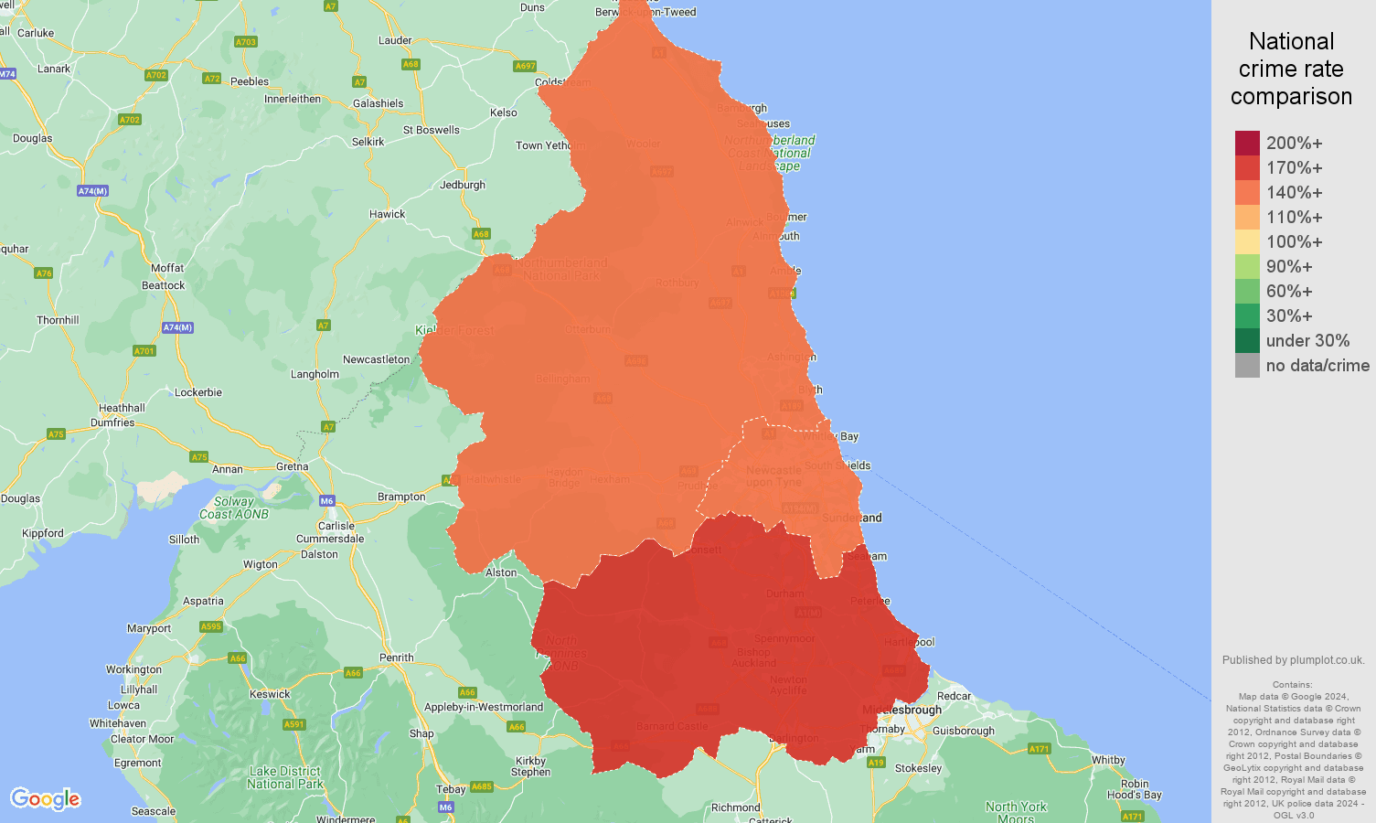 North East criminal damage and arson crime rate comparison map