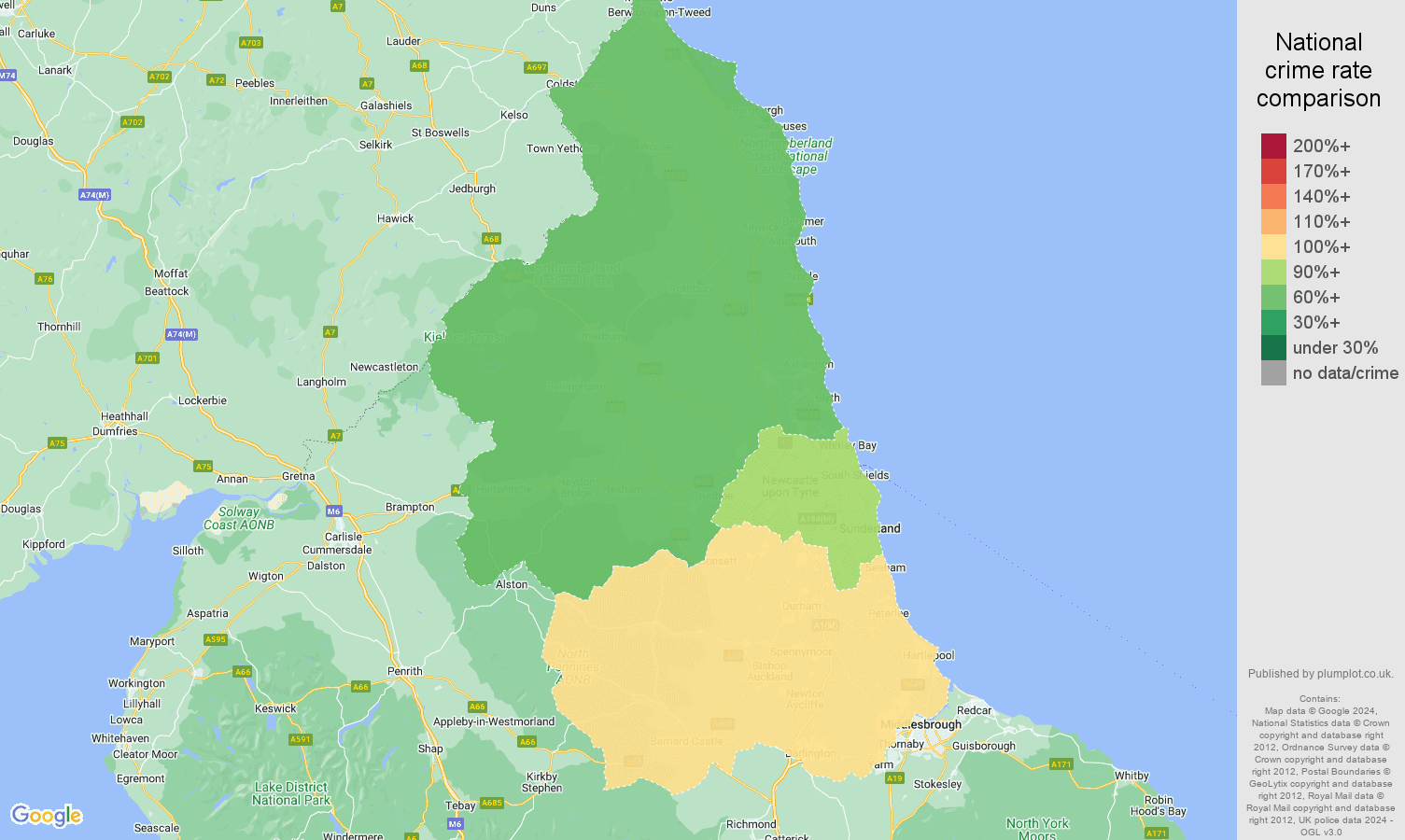 North East drugs crime rate comparison map