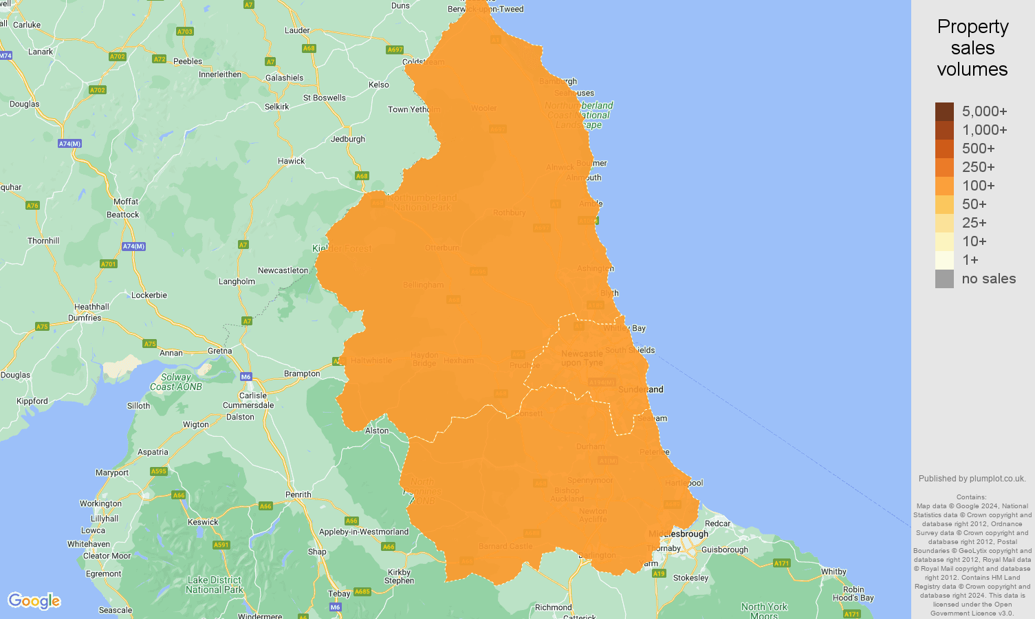 North East map of sales of new properties