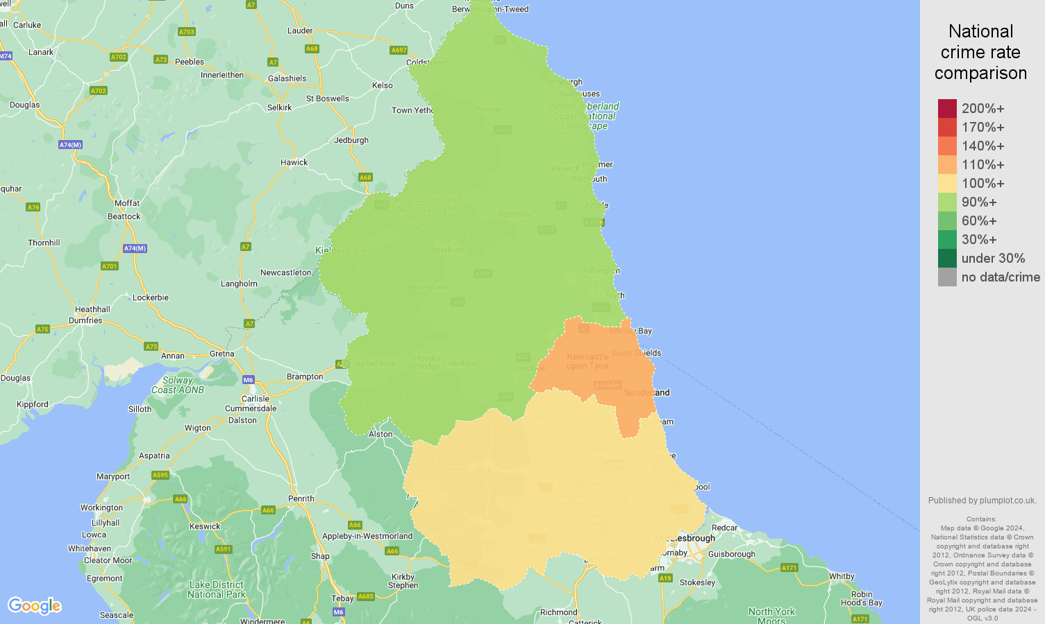 North East possession of weapons crime rate comparison map