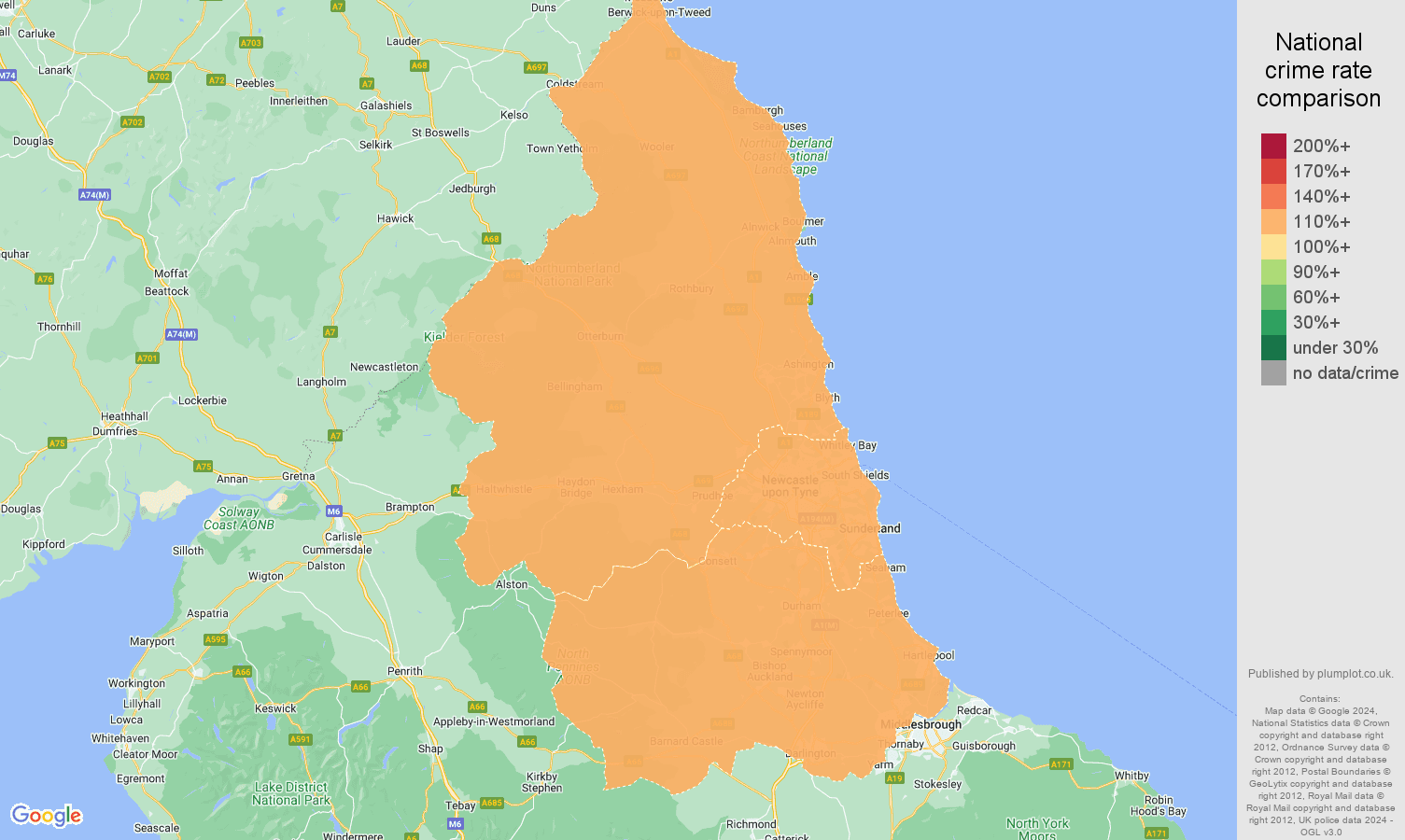 North East public order crime rate comparison map