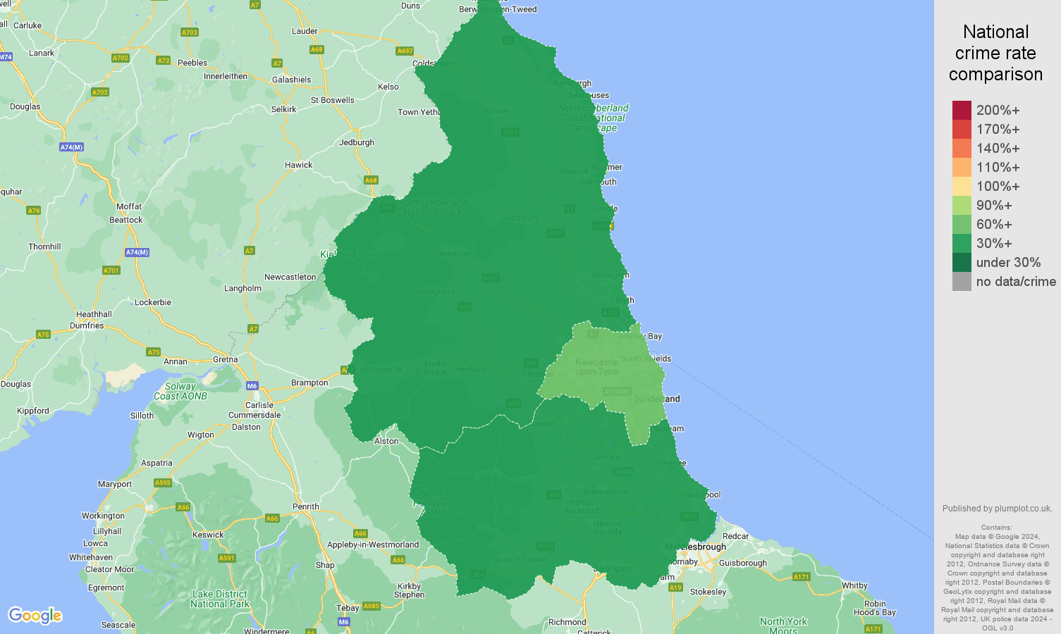 North East robbery crime rate comparison map