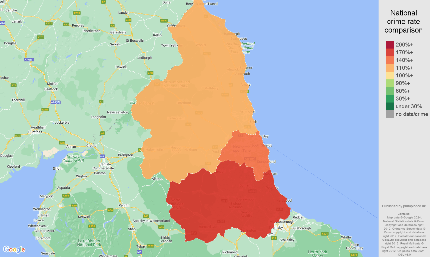 North East shoplifting crime rate comparison map