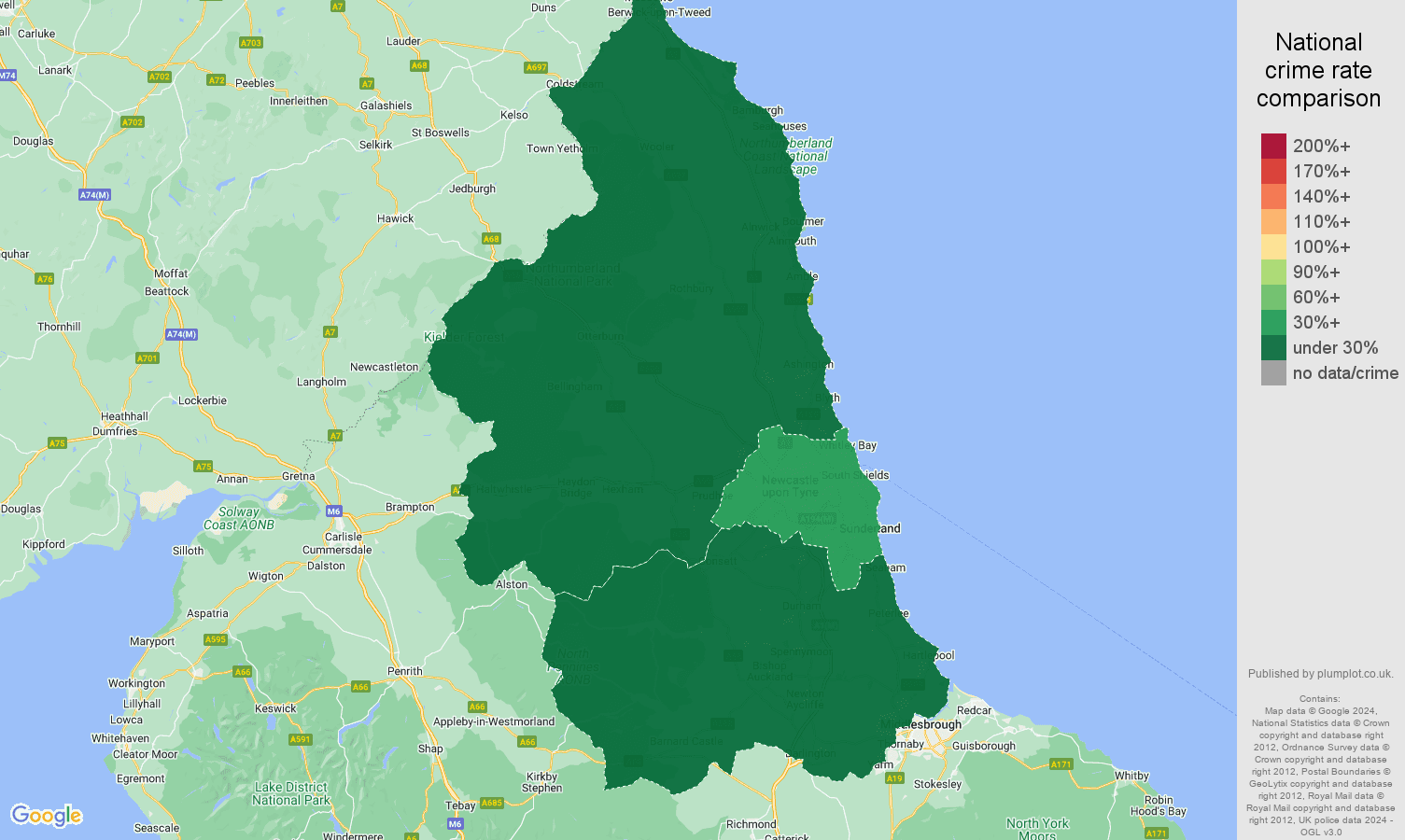 North East theft from the person crime rate comparison map
