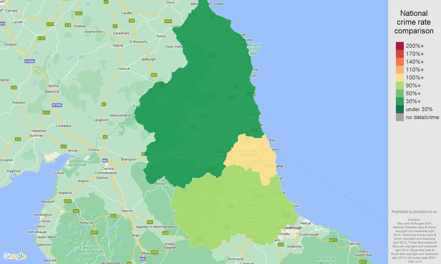 North East vehicle crime rate comparison map