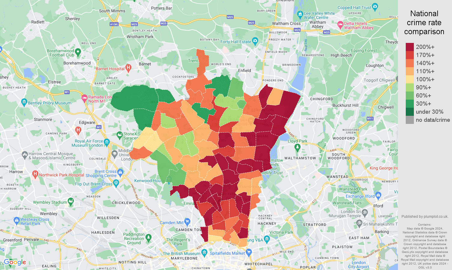 North London antisocial behaviour crime rate comparison map