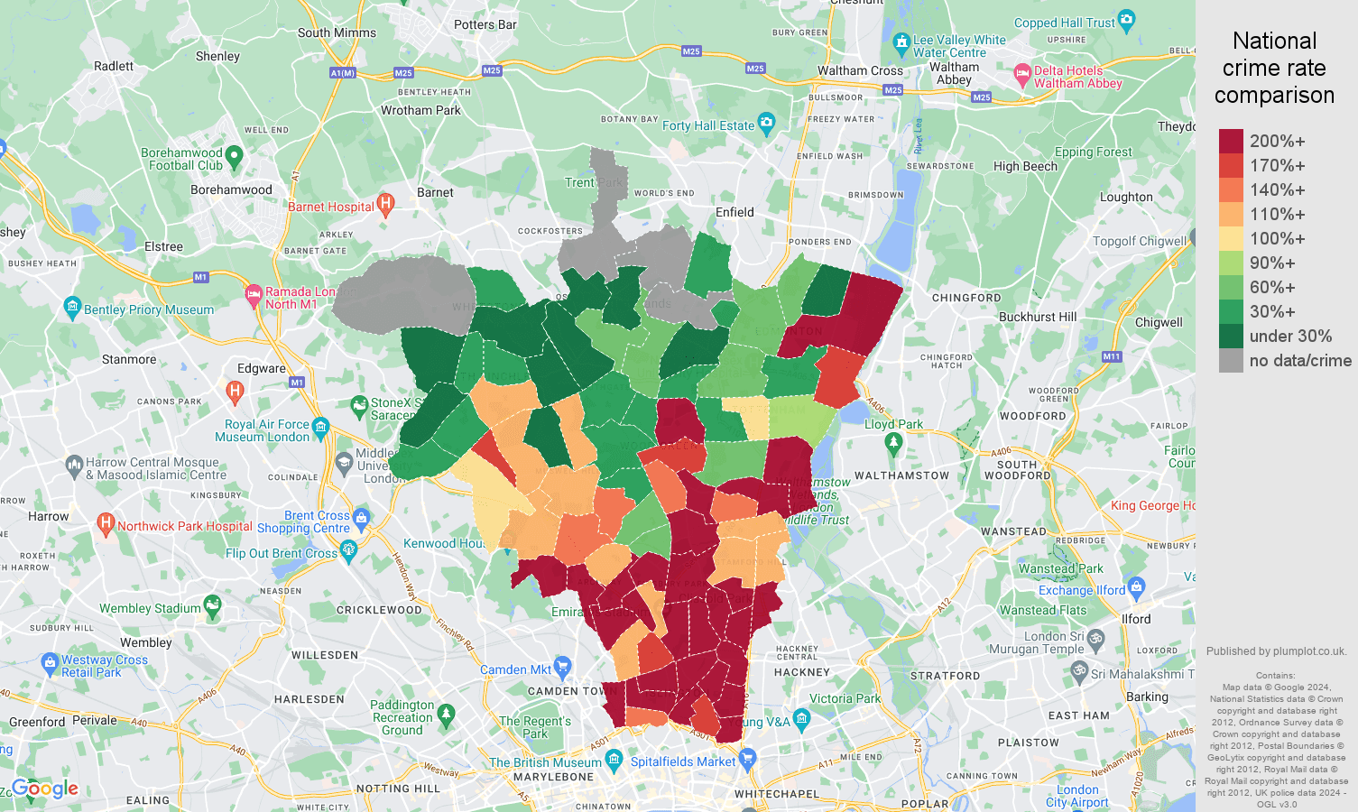 North London bicycle theft crime rate comparison map