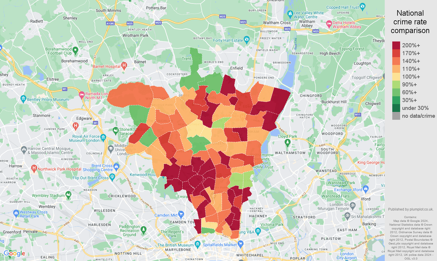 North London burglary crime rate comparison map