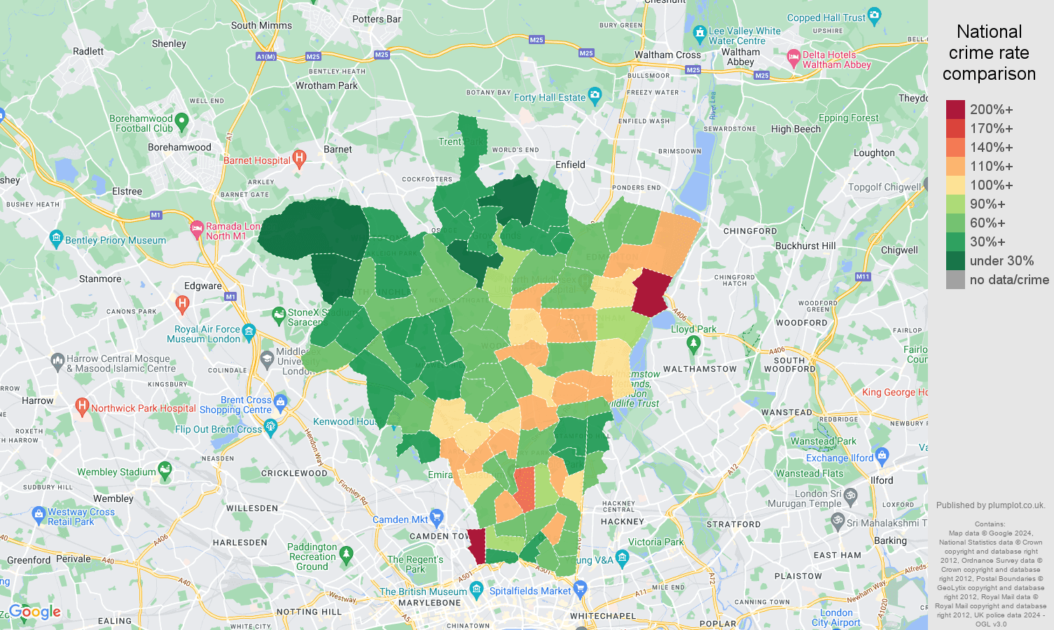 North London criminal damage and arson crime rate comparison map