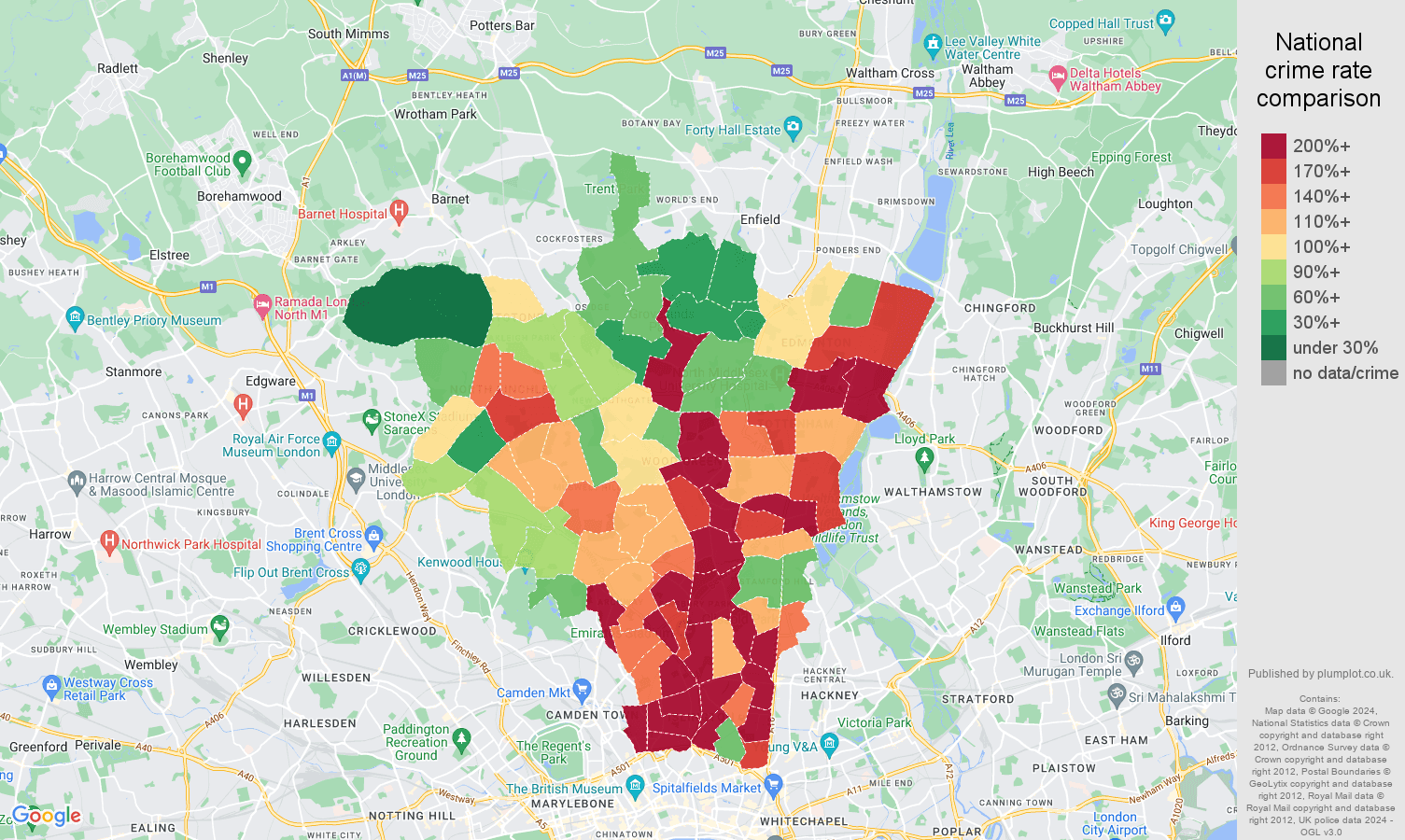North London other theft crime rate comparison map