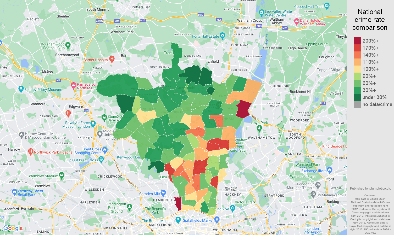 North London public order crime rate comparison map