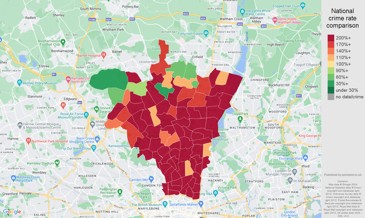 North London robbery crime rate comparison map