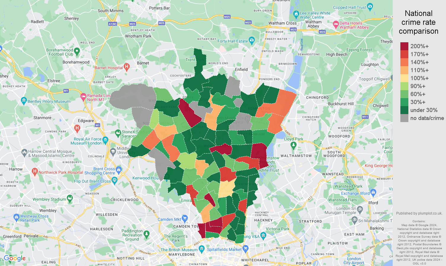North London shoplifting crime rate comparison map
