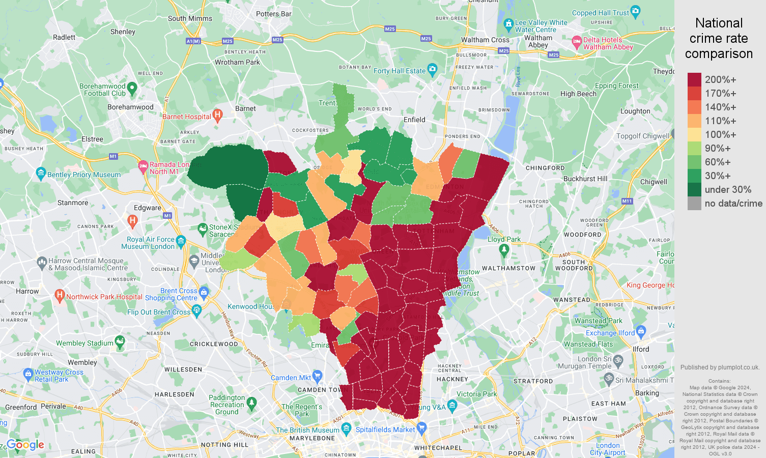 North London theft from the person crime rate comparison map