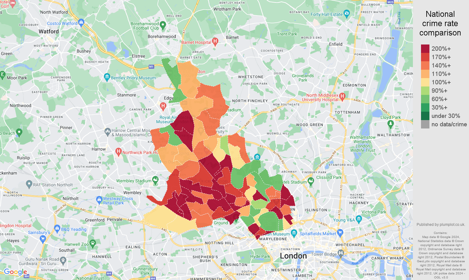 North West London antisocial behaviour crime rate comparison map