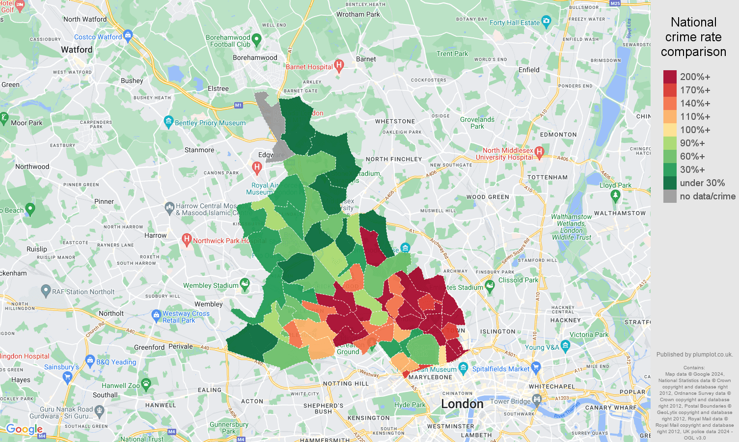 North West London bicycle theft crime rate comparison map
