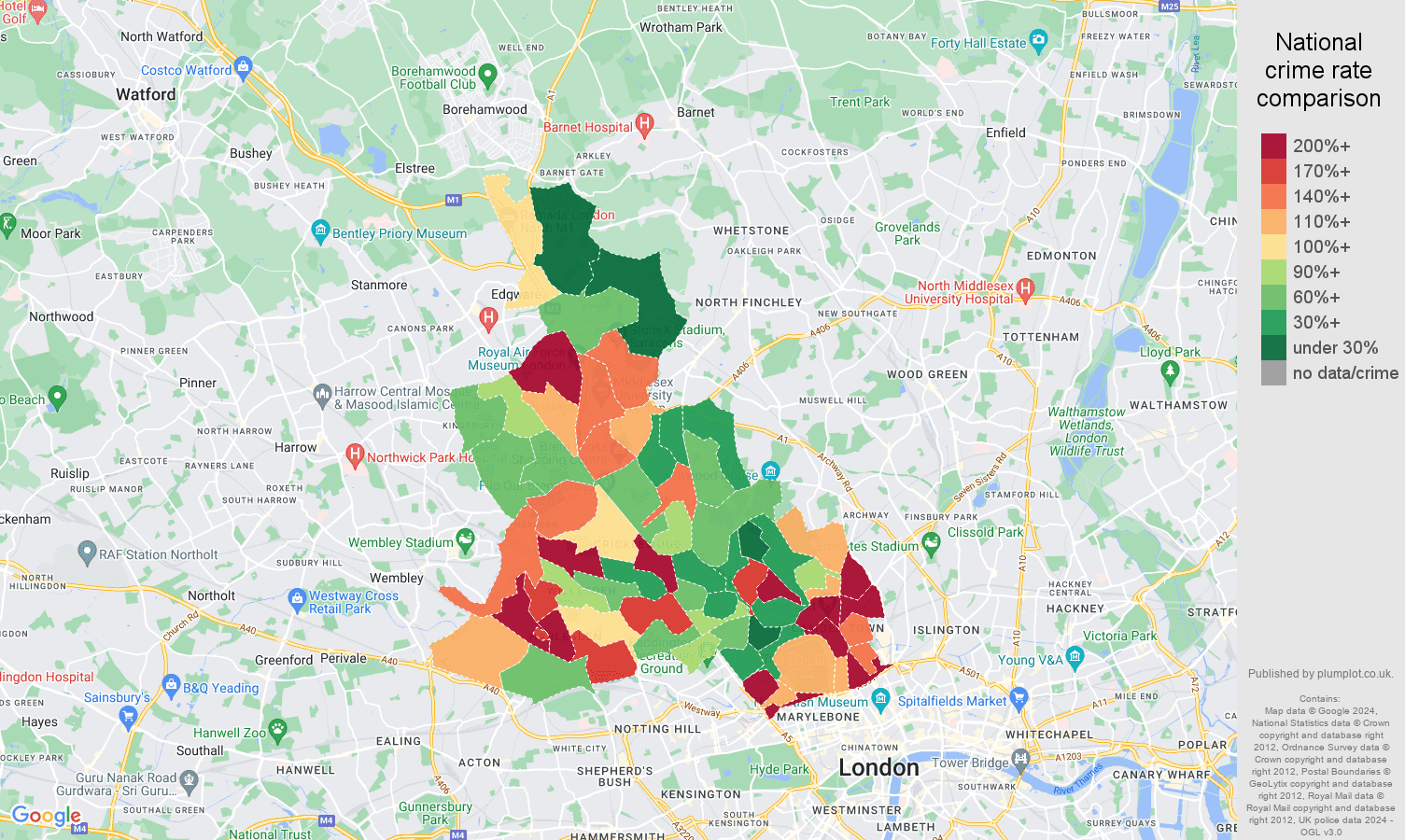 North West London drugs crime rate comparison map